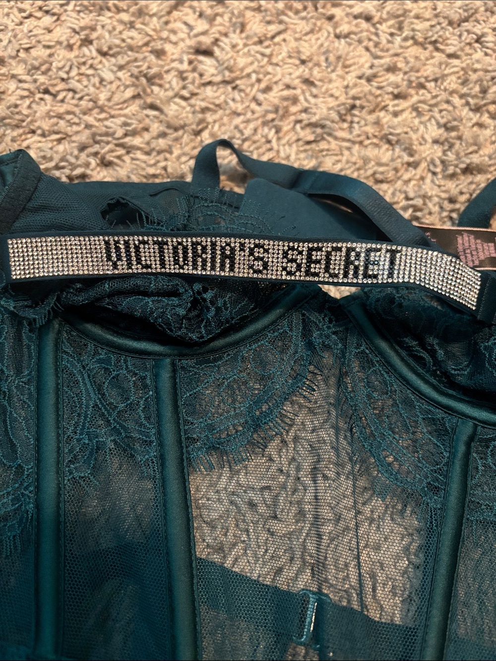 Victoria's Secret Teal Lace Sheer Bodysuit with Logo Straps - Picture 3 of 4
